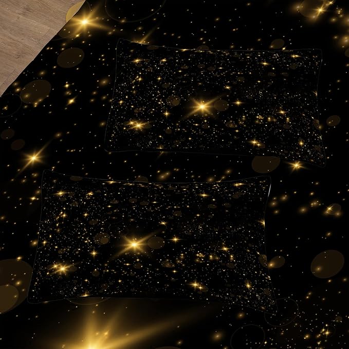 Tailor Shop Glitter Bedding Sets Full Size Black and Glod Comforter Sets for Kids Boys Teens Star Glitter Comforter Sets Twinkle Starlight Comforter Sets with 1 Comforter 1 Pillowcases