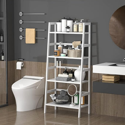 Homykic Bamboo White Bookshelf 4-Tier Ladder Shelf, 49.2” Freestanding Open Bookcase Book Shelf Bathroom Storage Shelf Unit Plant Stand for Small Space, Bedroom, Living Room, Home Office