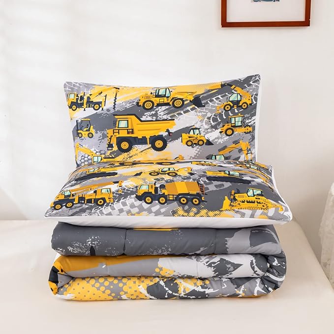 Feelyou Boys Construction Bedding Set Full Size Comforter for Boys Kids Tractor Comforter Set Toddler Construction Decorations Car Bed for Boys Cartoon Excavator Trucks Quilt Set with 2 Pillow Cases