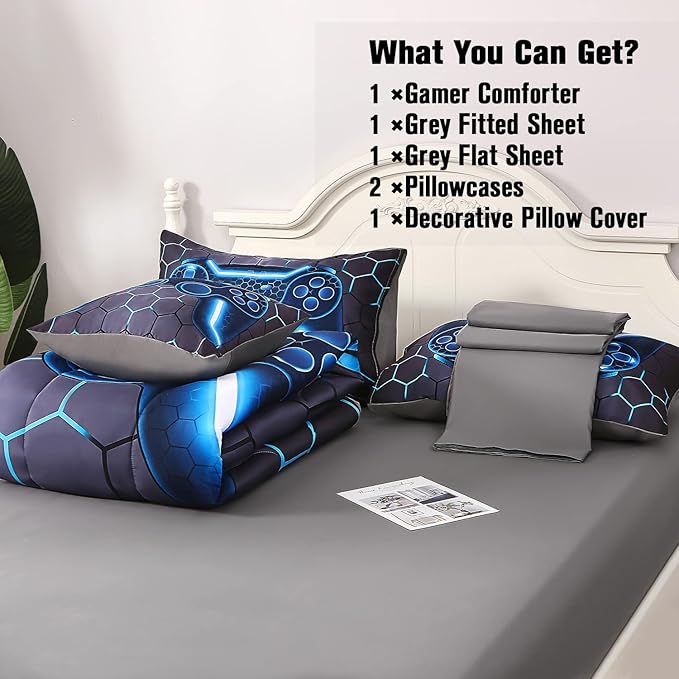 JQinHome Full Gamer Comforter Set,6 Piece Bed in A Bag 3D Video Game Bedding -All Season Down Alternative Gamer Bedding Sets - (Blue Game Controller)