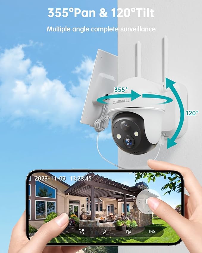 ZUMIMALL 5MP Security Cameras Wireless Outdoor, Solar Security Camera Outdoor with 360° PTZ, Battery Powered Camera for Home Security Outside, Color Night Vision/2.4G WiFi/2-Way Talk/IP66/AI Detection
