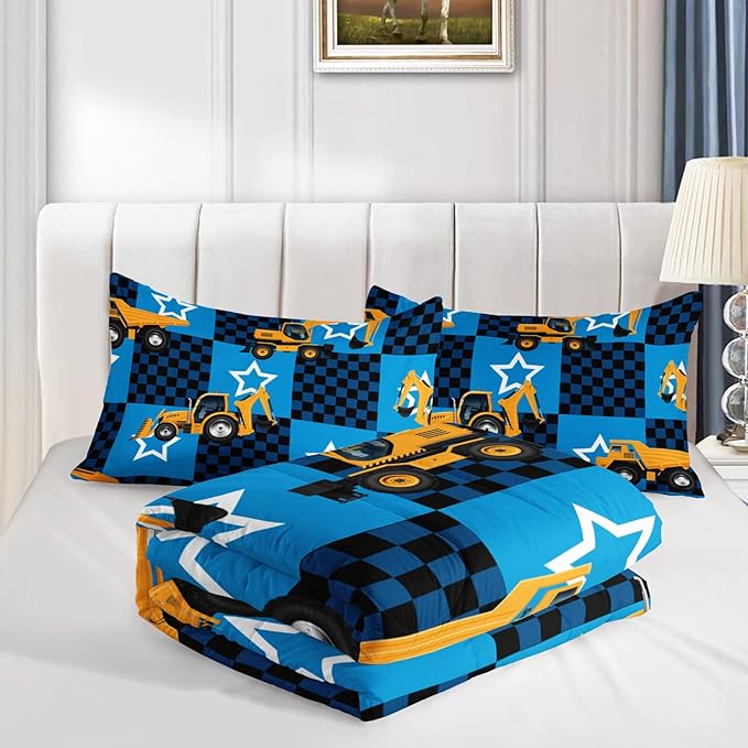 Axolotl Excavator Comforter Set Twin Size,Blue Plaid Comforter Set with Star,Excavator Bedding Set for Kids Boys Teens,Construction Vehicle Comforter Set for Boys,1 Quilt 2 Pillowcases