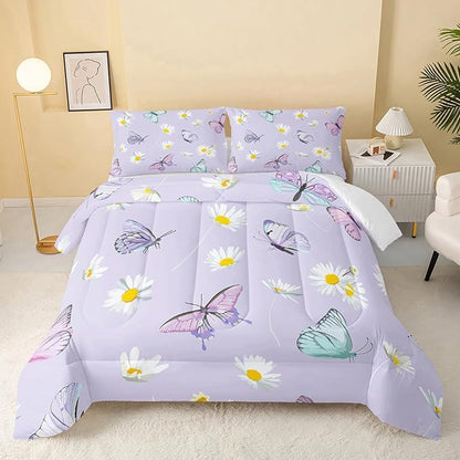Butterfly Comforter Set for Kids Teens Girls Women,Daisy Kids Comforter,1 Comforter with 2 Pillowcase, Microfiber 3 Piece Bedding Set,for All Seasons(Purple，Twin Size)