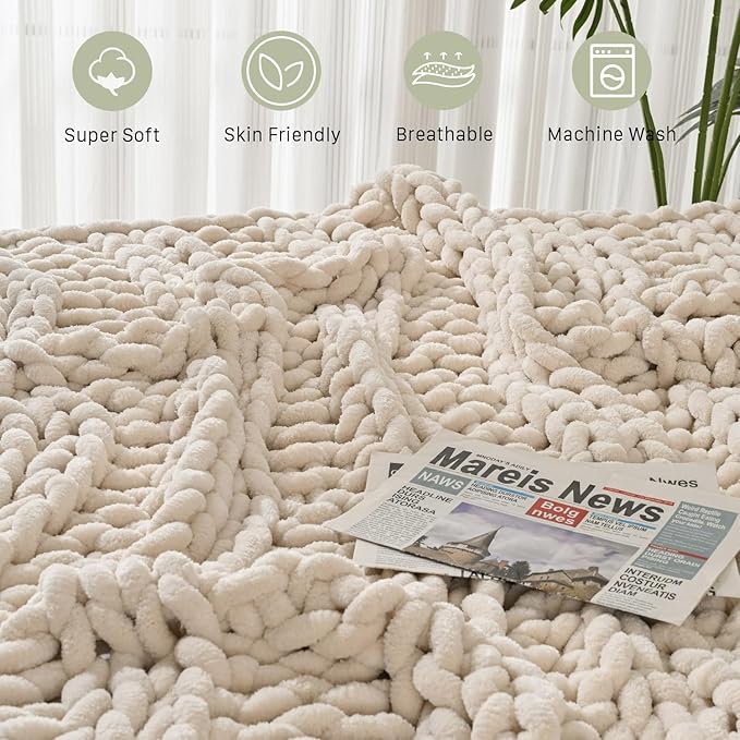 Esterra Chunky Knit Blanket Throw, 100% Handmade Chenille Throw Blanket 40"x50", Soft Thick Yarn Cable Knit Crochet Throw Blanket Rope Knot Throw for Couch Bed Sofa, Apricot White
