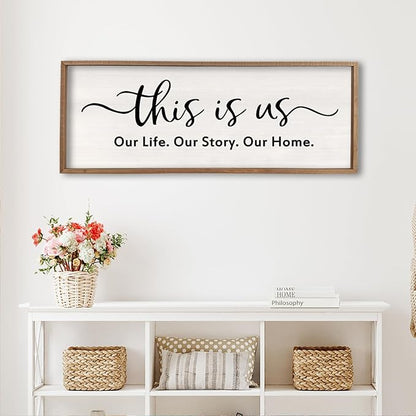 This is us Wall Decor Sign 40'' x 15'' Large Master Bedroom Home Life Story Wood Framed Vintage Family Sign Rustic Plaque Living Room Minimalist Farmhouse Hanging Wall Art (Wood)