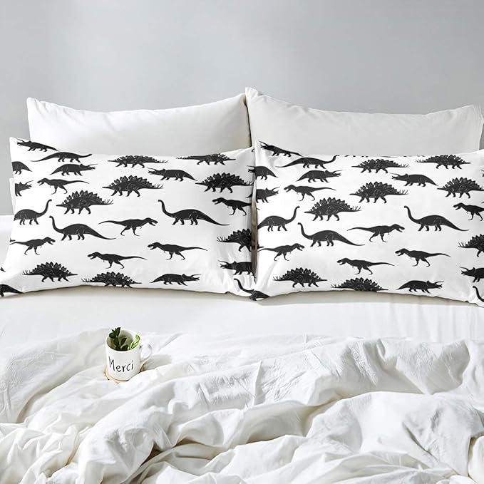 Erosebridal Dinosaur Down Comforter Dino Silhouettes Bedding Set King Size, Wildlife Animals Black White Comforter Sets for Kids Boys Teens Adult Bedroom, Dinosaurs Comforter with 2 Pillow Cases