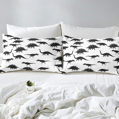 Erosebridal Dinosaur Bedding Set Dino Silhouettes Comforter Set Full Size, Wildlife Animals Black White Quilted Duvet for Kids Boys Teens Adult Bedroom Decor Dinosaurs Comforter with 2 Pillow Cases