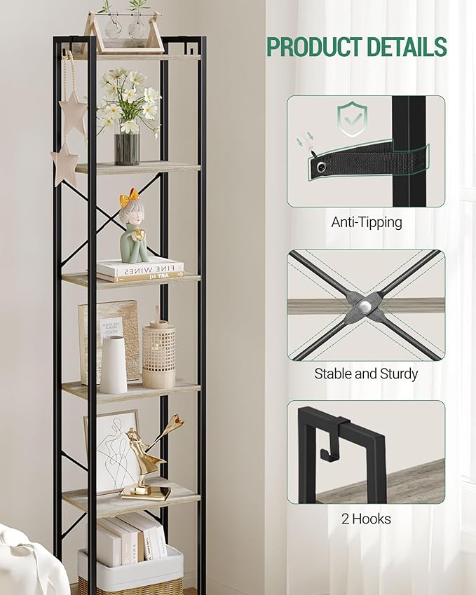 Bookshelf, Book Shelf, Industrial Bookcase with 2 Hooks, Coner Shelf Storage Organizer for Home Office, Living Room, Bedroom, Kitchen, 6-Tier Greige BC10705B