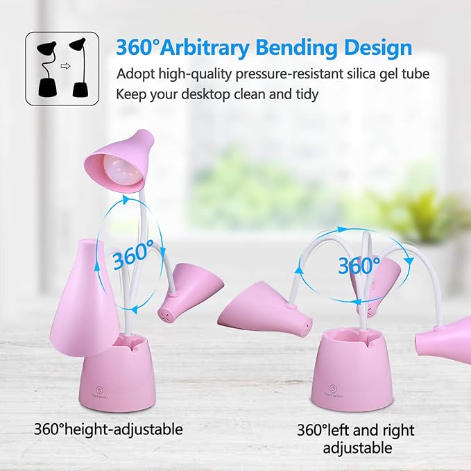 Desk Lamp LED, Desk Lamps with 3 Lighting Modes and Stepless Dimming, Desk Light 360 ° Flexible Gooseneck with Pen Holder & Mobile Phone Stand for Reading Kids Dorm (Pink)
