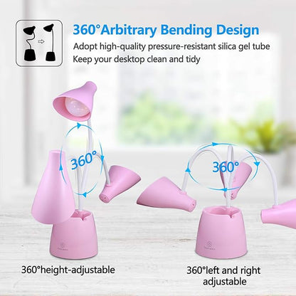 Desk Lamp LED, Desk Lamps with 3 Lighting Modes and Stepless Dimming, Desk Light 360 ° Flexible Gooseneck with Pen Holder & Mobile Phone Stand for Reading Kids Dorm (Pink)
