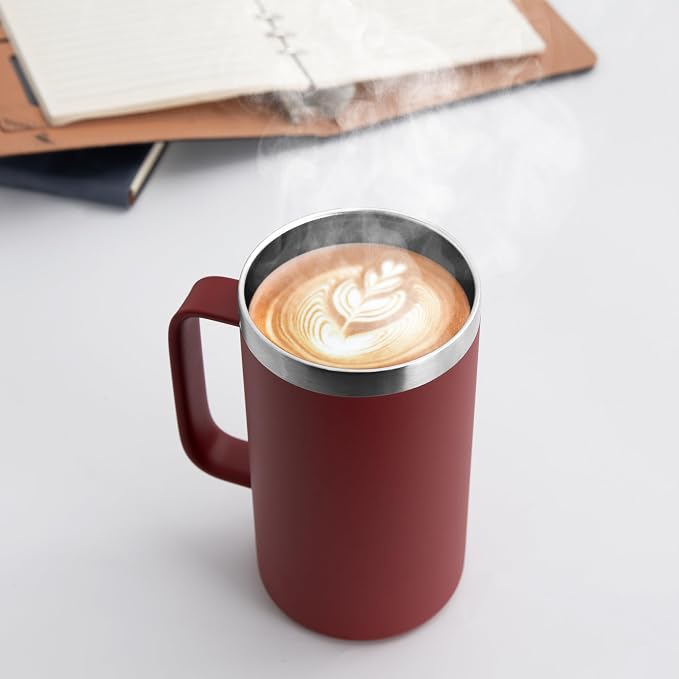 DOMICARE 24oz Mug with Handle and Lid, Stainless Steel Coffee Mug, Reusable Insulated Cup, Travel Mug with Handle, Double Wall Vacuum Coffee Tumbler for Men and Women, Dark Red, Pack 1
