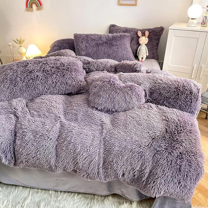 Faux Fur Kid Girls Purple Comforter Sets Twin/Full - 3PC Bed Set Warm Comfortable Soft Plush Flannel Velvet Fluffy Fuzzy Bedding（Comforter x 1 Pillowcases x 2）