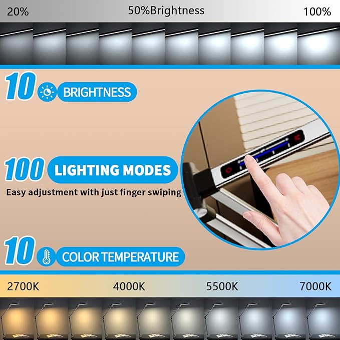 LED Desk Lamp,Swing arm with clamp11W,10 Color Modes Touch Control,Table Lamps with 10 Levels Brightness,Reading Desk Lamps 360 Degree Spin with USB Adapter & Memory Function Silver