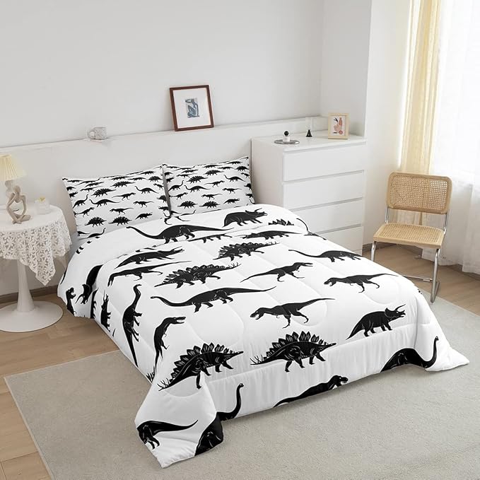 Erosebridal Dinosaur Comforter Set Dino Silhouettes Bedding Set Queen Size, Wildlife Animals Black White Duvet Sets for Kids Boys Teens Adult Bedroom Decor Dinosaurs Comforter with 2 Pillow Cases