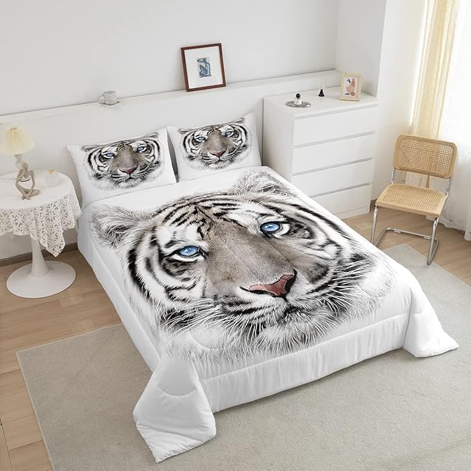 Erosebridal Boys Tiger Comforter Set King Size, Wild Animal Print Down Comforter for Boys Girls Teens Adult Bedroom, Grey Tiger Skin Duvet Insert Black White Stripe Bedding Comforters for Bedroom