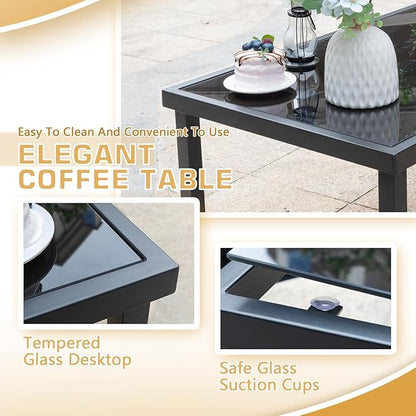 Greesum 4 Pieces Patio Furniture Set Outdoor Conversation Textilene Fabric Chairs for Lawn, Garden, Balcony, Poolside with A Glass Coffee Table, Black