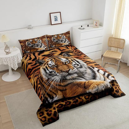 Tiger 3D Print Comforter Set Full Size Wild Animals Bedding Set 3pcs for Kids Teens Room Decor,Animal Fur Quilt Set Soft Breathable Duvet Insert with 2 Pillowcases