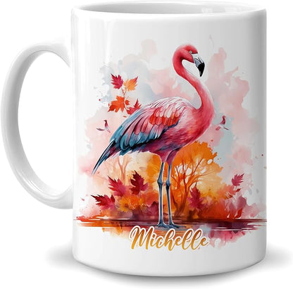 Hyturtle Personalized Fall Flamingo Maple Leaves Coffee Mug, Autumn Décor | Birthday Gifts For Flamingo Lovers - Fall Gift Ideas For Farmhouse Thanksgiving Custom Name 11oz White Ceramic Coffee Tea Mug