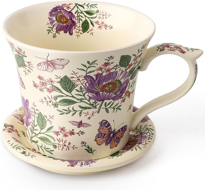 DOWAN 14 OZ Tea Cup & Saucer Set, Floral Mug with Lid, Ceramic Cappuccino/Latte Mug for Women, One Set