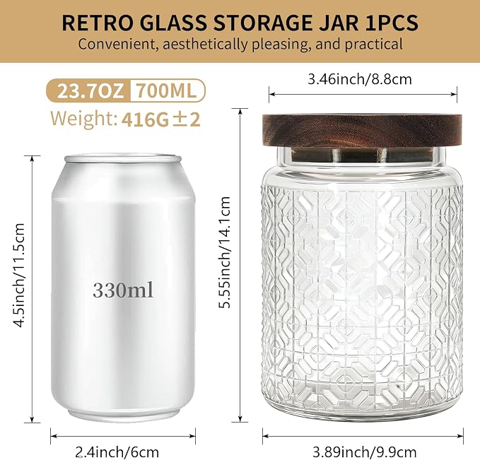 1Pc 24oz Window Style Vintage Glass Candy Jar with Solid Wood Lid, Kitchen Storage Canister for Sugar, Coffee, Tea, Cookies, Bath Salt - Decorative Mason Jar (1, Clear, 24oz)
