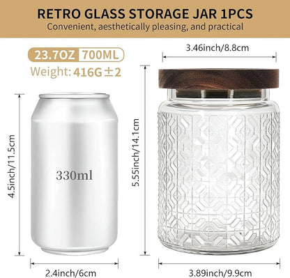 1Pc 24oz Window Style Vintage Glass Candy Jar with Solid Wood Lid, Kitchen Storage Canister for Sugar, Coffee, Tea, Cookies, Bath Salt - Decorative Mason Jar (1, Clear, 24oz)
