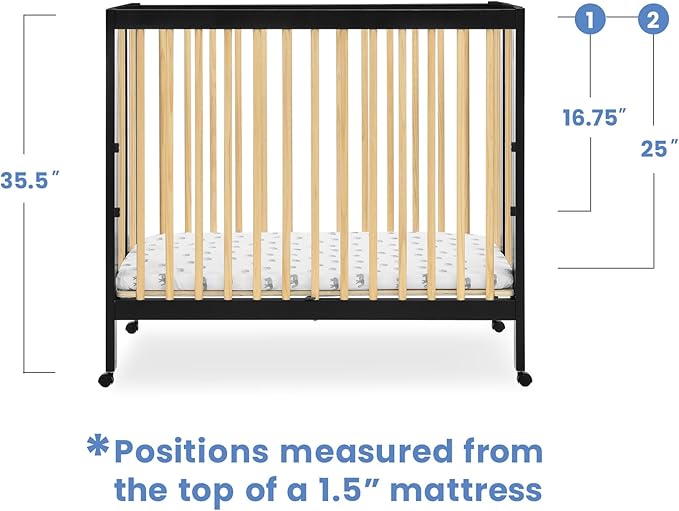 Delta Children Mia Portable Folding Mini Crib with 1.5-Inch Mattress - Greenguard Gold Certified, Ebony Black/Natural