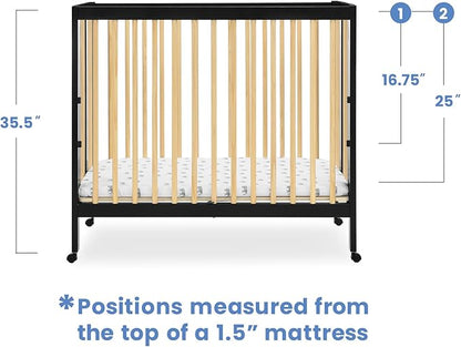 Delta Children Mia Portable Folding Mini Crib with 1.5-Inch Mattress - Greenguard Gold Certified, Ebony Black/Natural