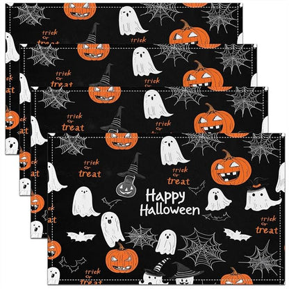Feelyou Happy Halloween Placemats Set of 4 Ghost Pumpkin Table Mats for Party Kitchen Dining Decoration Holiday Seasonal White Black Orange Place Mat for Dinner Table Indoor Outdoor 18"x12" Cobweb