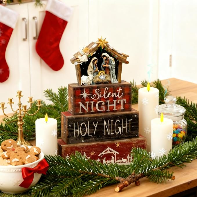 Moucuny 4 Pcs Christmas Table Decor Wooden Christian Religious Decoration Nativity Scene Centerpiece Holy Night Tiered Tray Decor Red and Black Buffalo Plaid Block Signs Xmas Decoration for Kitchen