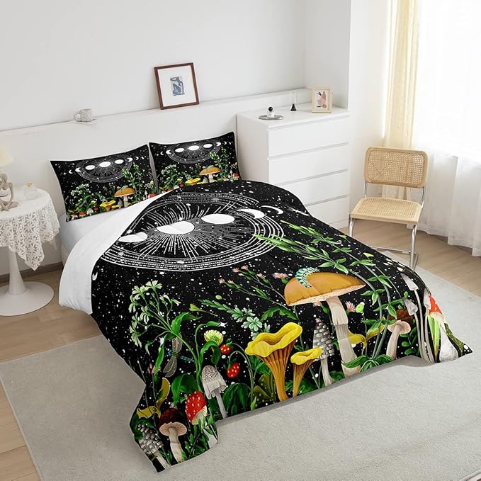 Cute Mushroom Comforter Set Sun Moon All Season Down Comforter for Kids Boys Girls Teens Trippy Decor Boho Galaxy Constellations Bedding Set Starry Sky Wild Flowers Quilt Room Decor King Size Boys