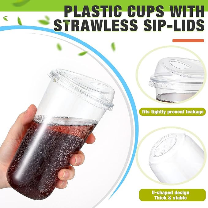 Ziliny 50 Sets Clear Plastic Coffee Cups with Sip Lids, Disposable Plastic PET Crystal Cups for Iced Coffee, Smoothie, Cold Beverage, Drink Shops and Party Catering(Clear,20 oz)