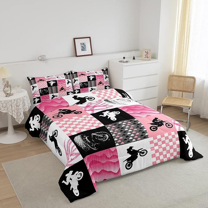 Motocross Comforter Set, Dirt Bike Bedding Sets & Collections Queen, Motorcycle Rider Down Comforter For Kids Boys Girls, Motorbike Extreme Sport Game Comforter Set, Buffalo Plaid, Pink Grey Black