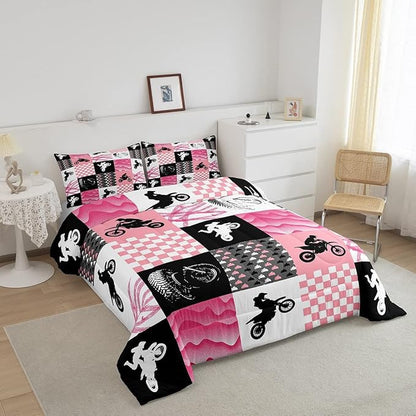 Motocross Comforter Set, Dirt Bike Bedding Sets & Collections Queen, Motorcycle Rider Down Comforter For Kids Boys Girls, Motorbike Extreme Sport Game Comforter Set, Buffalo Plaid, Pink Grey Black