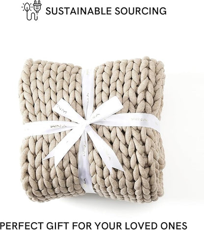 YnM Chunky Throw Blanket, Medium-Weight, Hand Knitted, Skin Friendly, Ventilated and Breathable, Machine Washable, Home Décor Piece for Couch, Sofa and Bed (Beige, 50x70 Inch)
