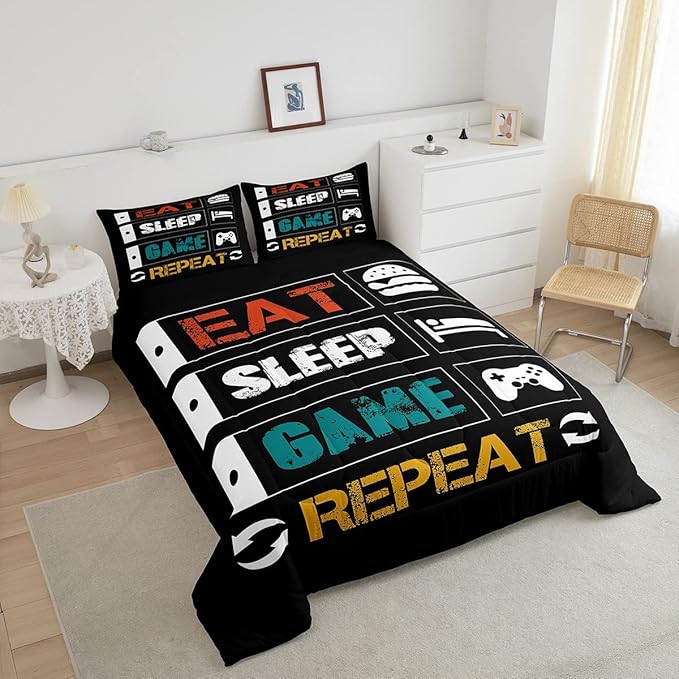 Gamer Comforter Sets for Boys King Size Gaming Bedding Set Teens Kids Games Controller Comforter Room Decor Funny Creative Eat Sleep Game Repeat Design Reversible Inner Fill Comforter for All Season