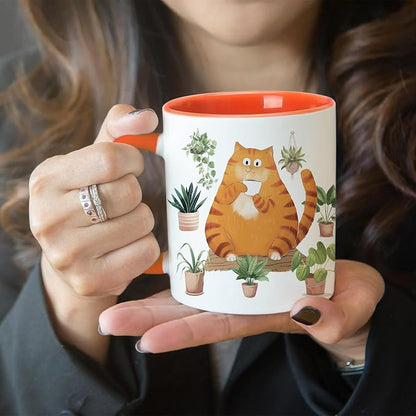 Hyturtle Cute Orange Cat Coffee Mug Gifts For Cat Mom, Plant Decor Gifts | Birthday Christmas Gift for Plant Lovers, Gardeners, Premium 11oz Two Tone Orange Ceramic Tea Cup, Perfect for Daily Drinks