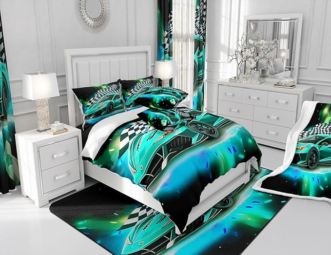 Teal Race Car Comforter Set King Size, Black White Lattice Bedding Set 2pcs for Kids Boys Teens Room Decor,Extreme Sport Games Quilt Set,Cool Modern Duvet Insert with 2 Pillowcases