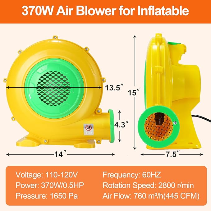 Bounce House Blower, 370W 0.5HP Commercial Air Blower with Double-sided Fan Blade Design, Strong Wind and Great Heat Dissipation Properties for Small Bouncy Castle, Jump Slides, Inflatable Arch