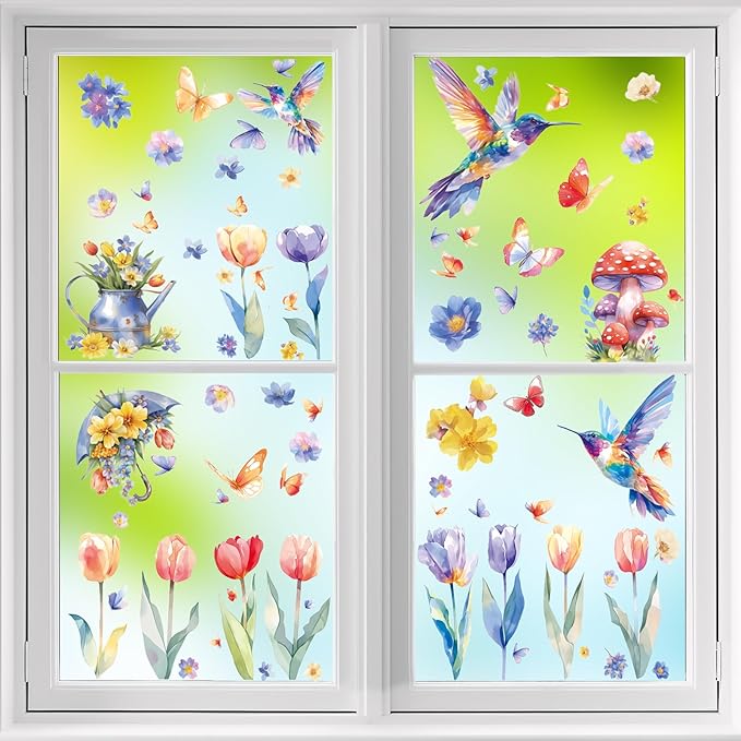 DC-BEAUTIFUL 116 PCS Spring Window Clings, 9 Sheets Double-Sided Hummingbird Butterfly Flower Easter Window Stickers, Reusable Static Floral Window Decals for Home School Office Party Decors