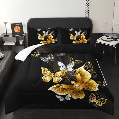 Butterfly Comforter Set for Adults Black and Gold Butterfly Bedding Set Aesthetics Butterflies Quilt Duvet Set Full Size with 1 Comforter and 2 Pillowcases