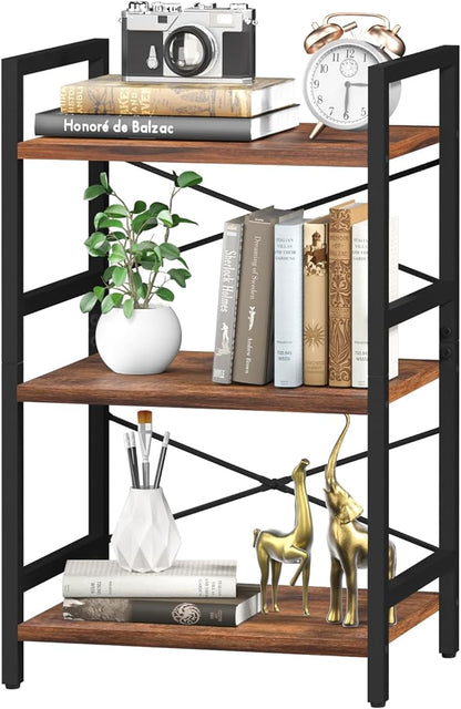 Yoobure Bookshelf Small Book Shelf, Solid Industrial 3 Tier Shelf Bookcase, Short Book Case for Bedroom, Living Room, Office Home, Small Spaces, Berry Brown