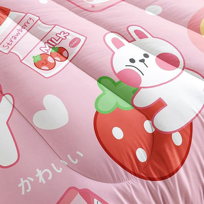 Strawberry Rabbit Comforter Set for Kids Teens Girls Women,Pink Bunny Kids Comforter,1 Comforter with 2 Pillowcase, Microfiber 3 Piece Bedding Set,for All Seasons(Pink，Twin Size)