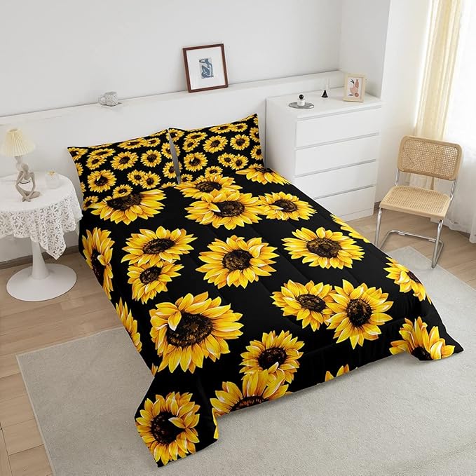 Black Sunflowers Comforter Set Yellow 3D Floral Flowers Comforter Yellow Sunflower Printed Black Reversible Down Comforter Boys Girls Botanical Bedding Sets with 2 Pillowcases (Full, Black Sunflower)