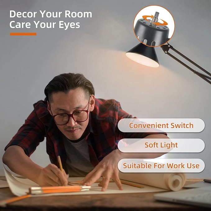Desk Lamp for Home Office Eye-Caring Metal Extra Long Swing Arm Stable Clamp Flexible Gooseneck A19 E26 Bulb included as Table Working Reading Aesthetic Computer Versatile Light