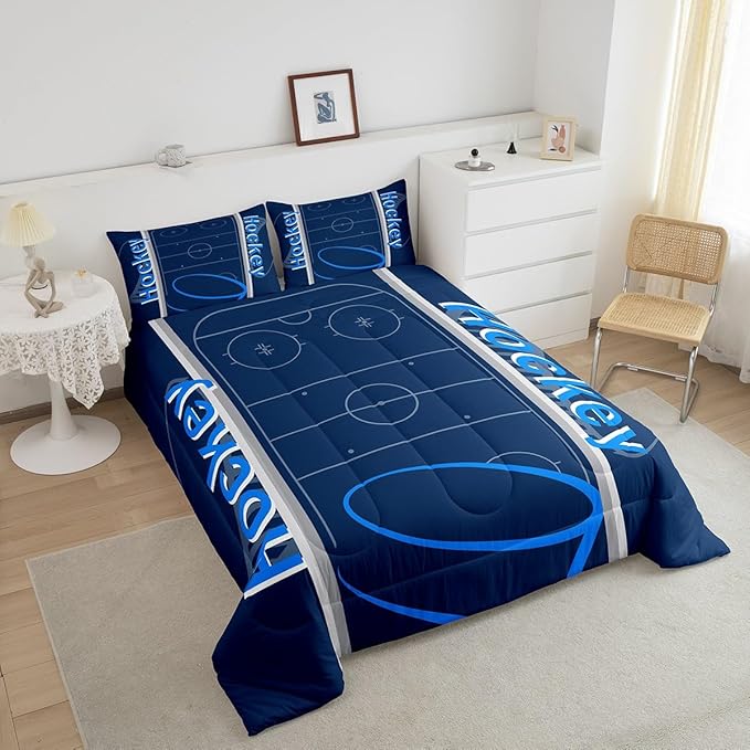 Feelyou Kids Hockey Player Comforter Set Twin Size Ice Hockey Bedding Set for Boys Girls Teens Bedroom Decor Ice Sports Games Comforter Puck Hockey Duvet Set with 1 Pillow Case