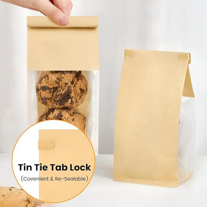 Ocmoiy Small Cookie Bags with Window, 3.9 x 3.5 x 9.5 Inches, 50 Pack | Tin Tie Tab Lock, Bakery Packaging Bag, Resealable Paper Pastry Bags, For Homemade Granola, Popcorn, Candies, Treat