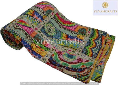 YUVANCRAFTS Patchwork Cotton Kantha Quilt - Indian Traditional Handmade Bedding Vintage Multi Color Quilt Blanket (Queen (90"x108"), Multi Patch 1)
