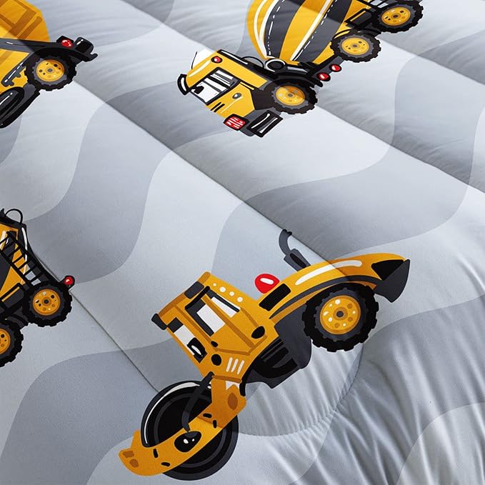 Datura home Construction Truck Comforter Set for Boys Kids Children,Grey Machinery Truck Excavators Vehicles Cartoon Tractor Bedding with 1 and 2 Pillowcases(Truck Grey Twin), Twin 68x86inches