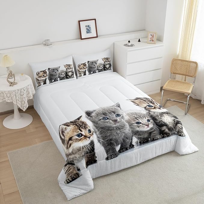Little Cat Bedding Set Lovely Pet Cats Comforter Cat Lover's Animal Themed Design Comforter Set for Boys Girls Kids Room Decor Cute Kitten Print Duvet Set Full Size with 2 Pillow Case