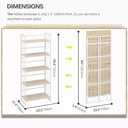 4NM No-Assembly 5 Tiers Folding Bookshelf Storage Shelves Vintage Bookcase Standing Racks Study Organizer Home Office - Natural and White